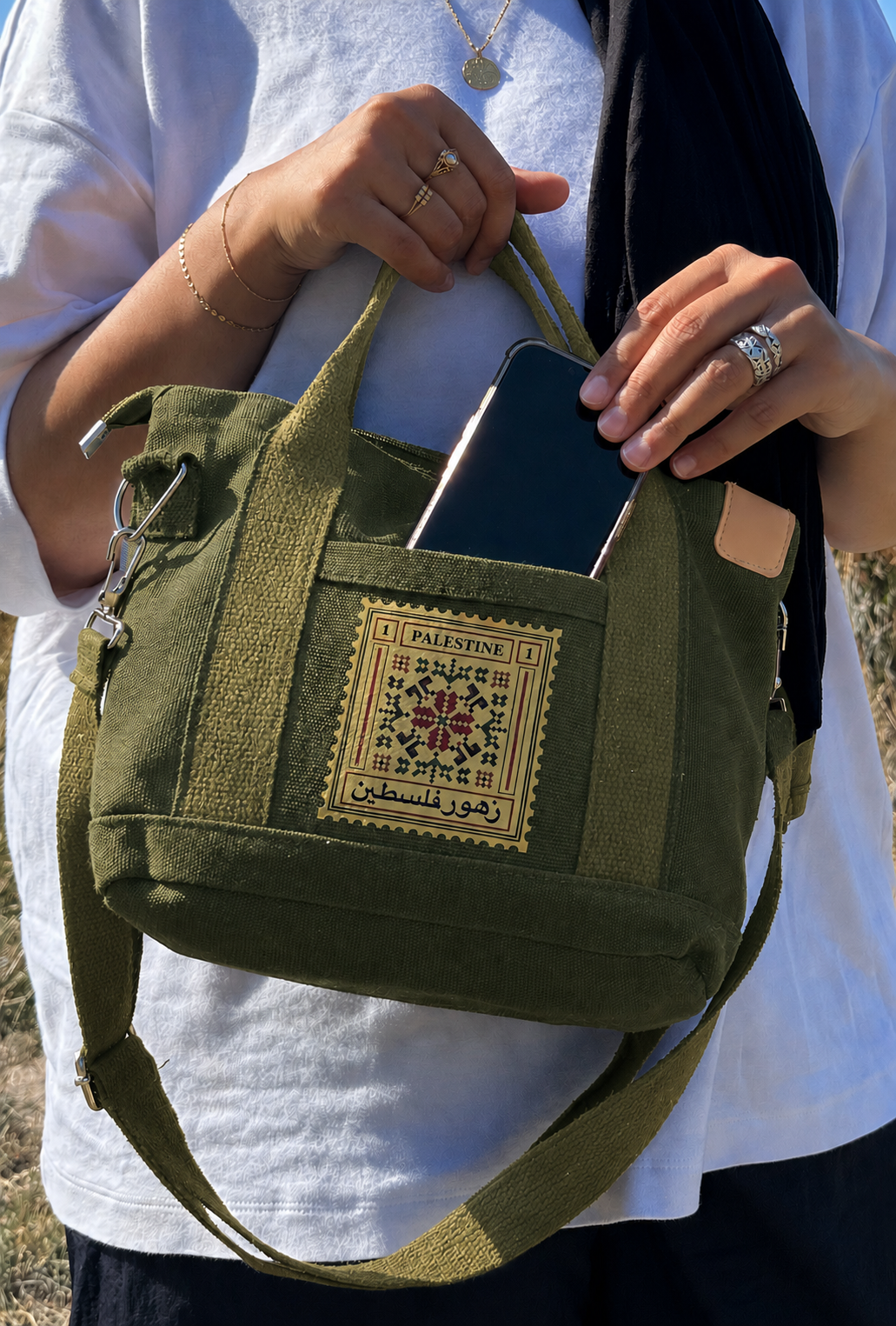 Tatreez Stamp Handbag in Olive Green - coming soon